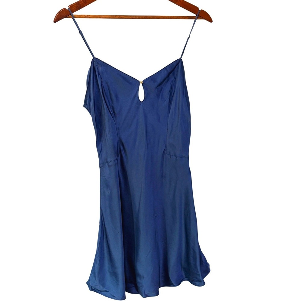 Blue Satin Keyhole Chemise Nightgown with Gold Bead Detail Mini Slip Dress